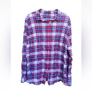 J McLaughlin Women Plaid Button Down Crinkle Lois Top XL Red Multi Classic